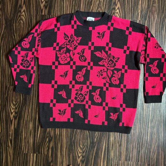 VTG Classic Essentials Sweater Women 24W Hot Pink Black Flower Plaid 90s Y2K - Picture 1 of 9